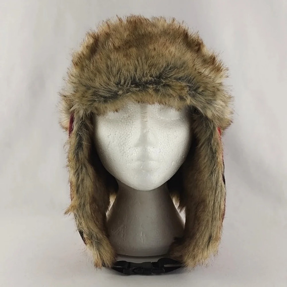 Old Navy Red Black Cherckered Trapper Winter Hat Faux Fur Size L - XL - Picture 2 of 10